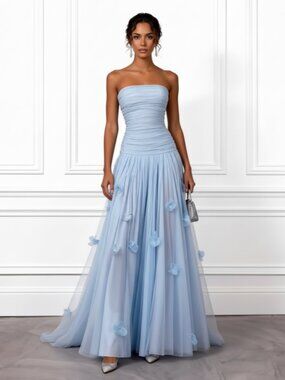 FEHAUTE Light Blue 3D Floral Ruched Tulle Strapless Sleeveless A-Line Gown Dress